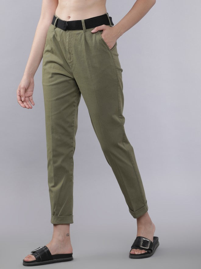 Tokyo Talkies Women Olive Solid Regular Fit Casual Trouser - Olive - Image 2