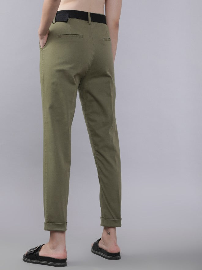 Tokyo Talkies Women Olive Solid Regular Fit Casual Trouser - Olive - Image 3