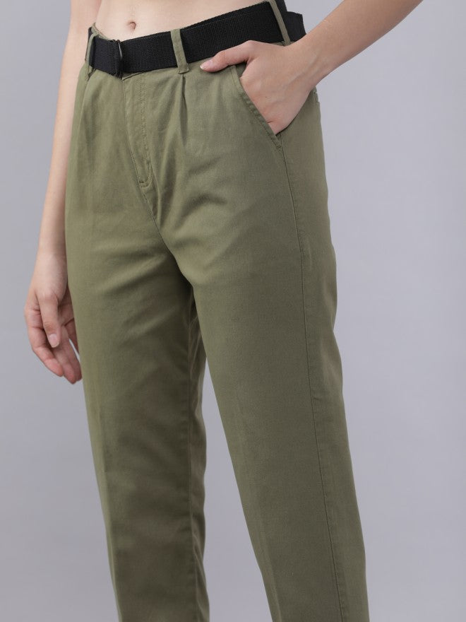 Tokyo Talkies Women Olive Solid Regular Fit Casual Trouser - Olive - Image 4