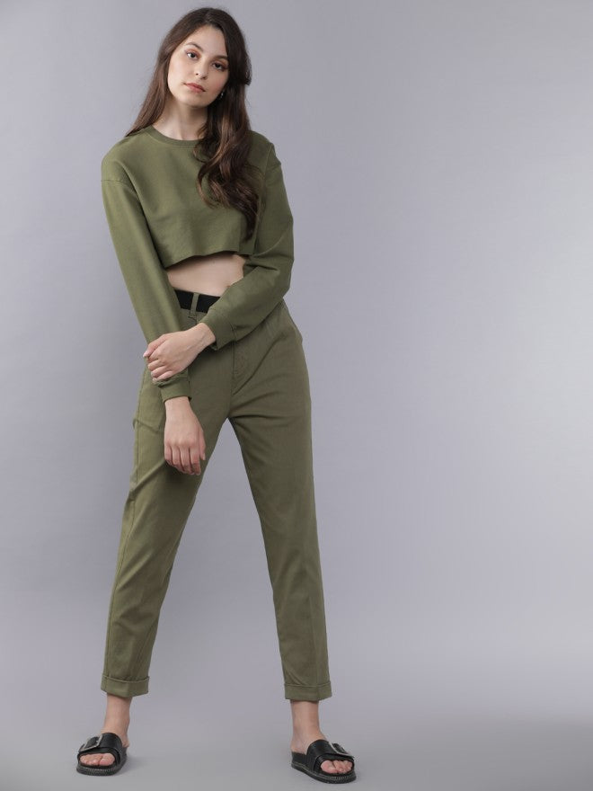 Tokyo Talkies Women Olive Solid Regular Fit Casual Trouser - Olive - Image 5