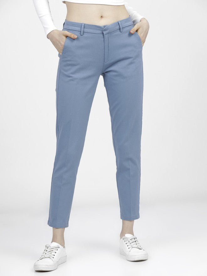 Tokyo Talkies Women Blue Solid Tapered Fit Casual Trouser - Blue - Image 1