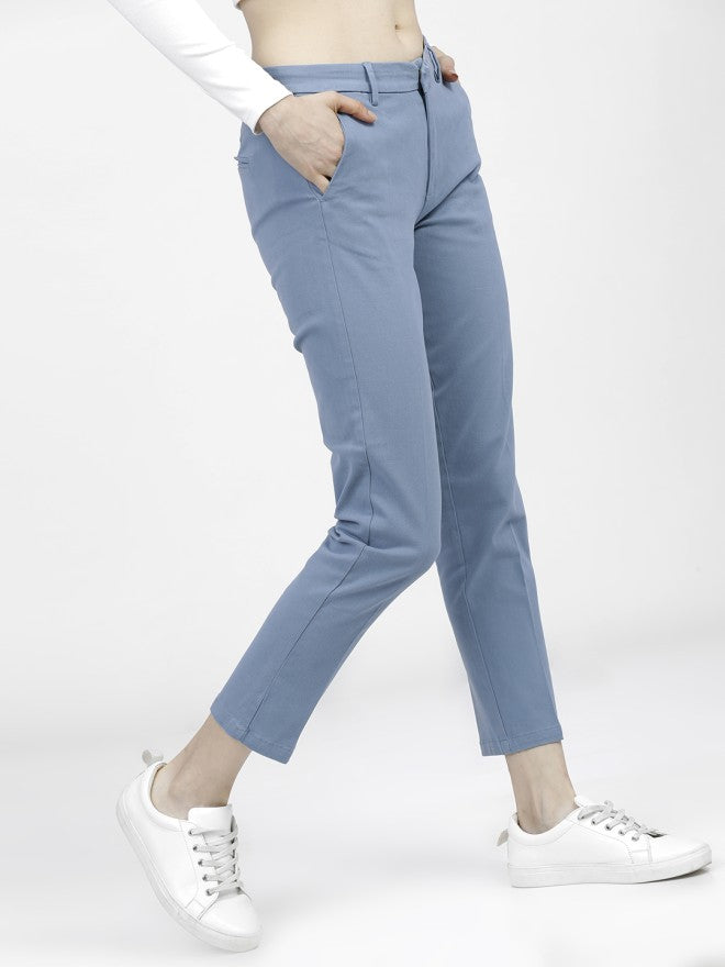 Tokyo Talkies Women Blue Solid Tapered Fit Casual Trouser - Blue - Image 6