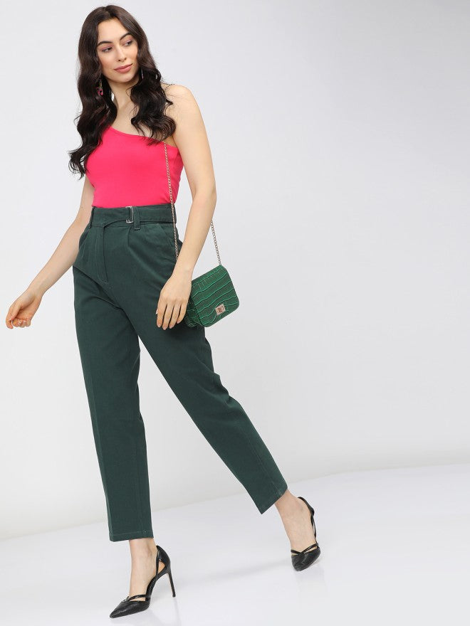 Tokyo Talkies Women Green Solid Tapered Fit Casual Trouser - Green - Image 5