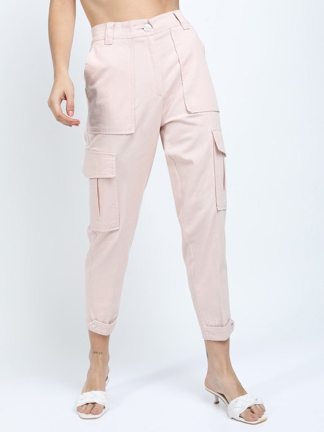 Tokyo Talkies Women Pink Solid Tapered Fit Cargos - Pink - Image 1