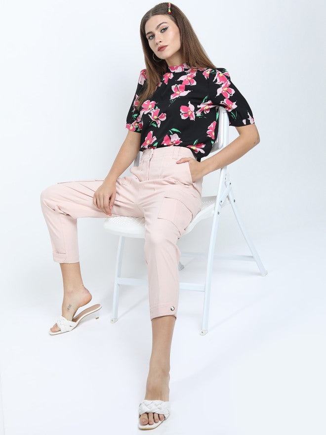 Tokyo Talkies Women Pink Solid Tapered Fit Cargos - Pink - Image 2