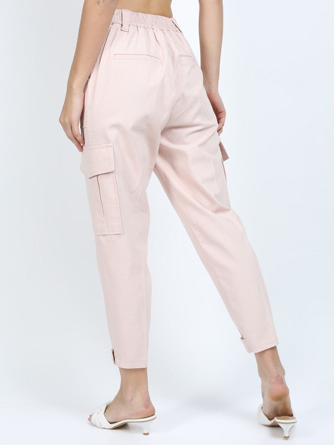 Tokyo Talkies Women Pink Solid Tapered Fit Cargos - Pink - Image 3