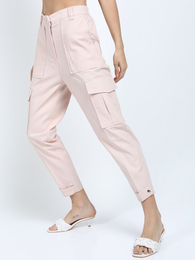 Tokyo Talkies Women Pink Solid Tapered Fit Cargos - Pink - Image 4