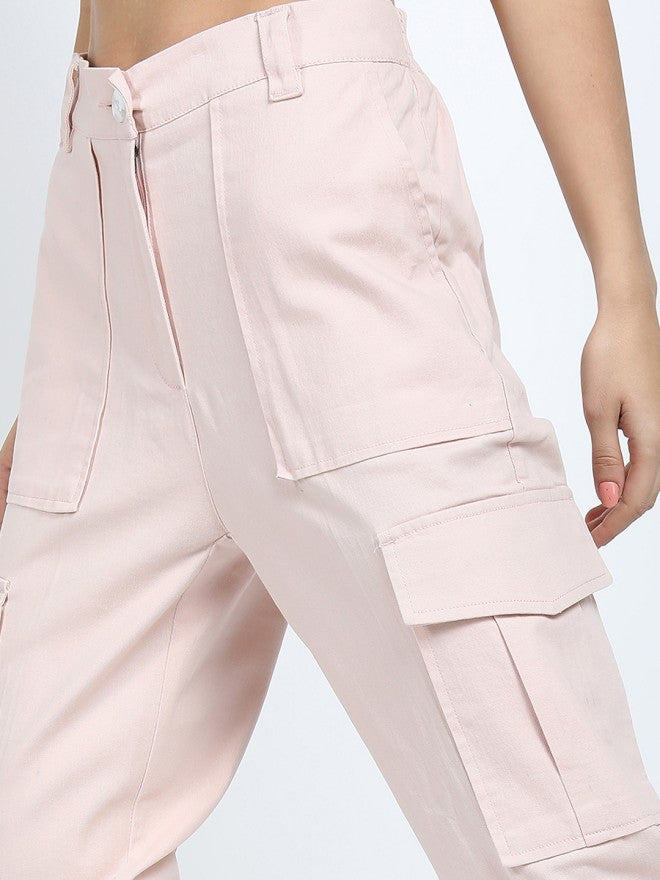Tokyo Talkies Women Pink Solid Tapered Fit Cargos - Pink - Image 5