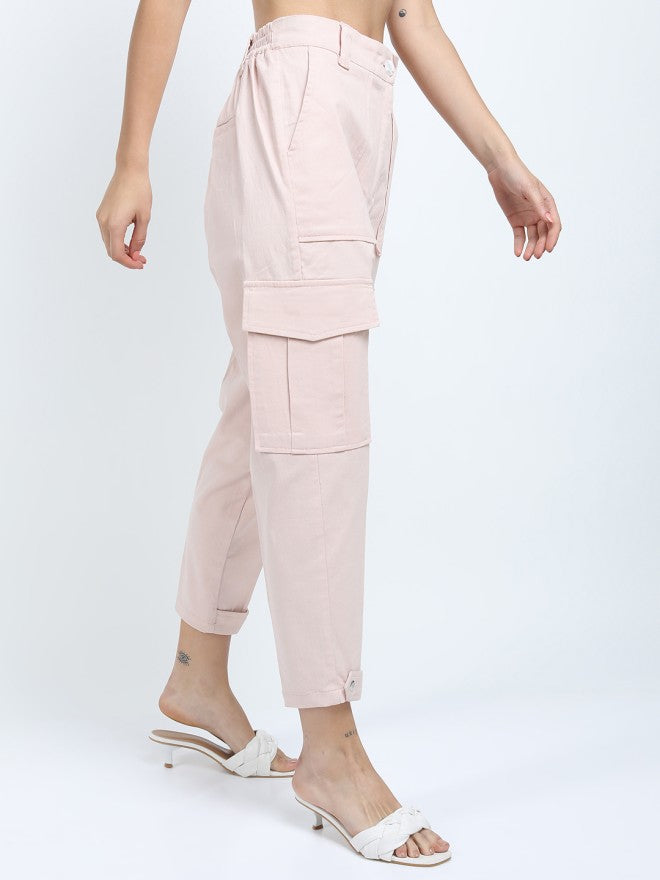 Tokyo Talkies Women Pink Solid Tapered Fit Cargos - Pink - Image 6