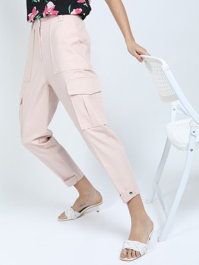 Tokyo Talkies Women Pink Solid Tapered Fit Cargos - Pink - Image 7