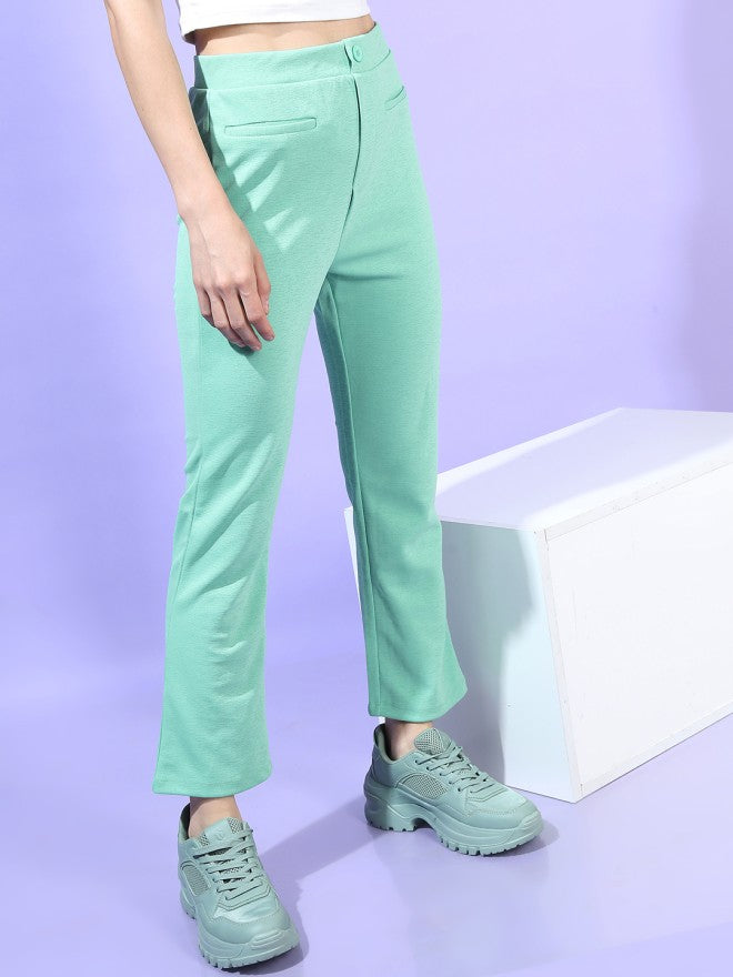 Tokyo Talkies Women Green Solid Flared Casual Trouser - Green - Image 6