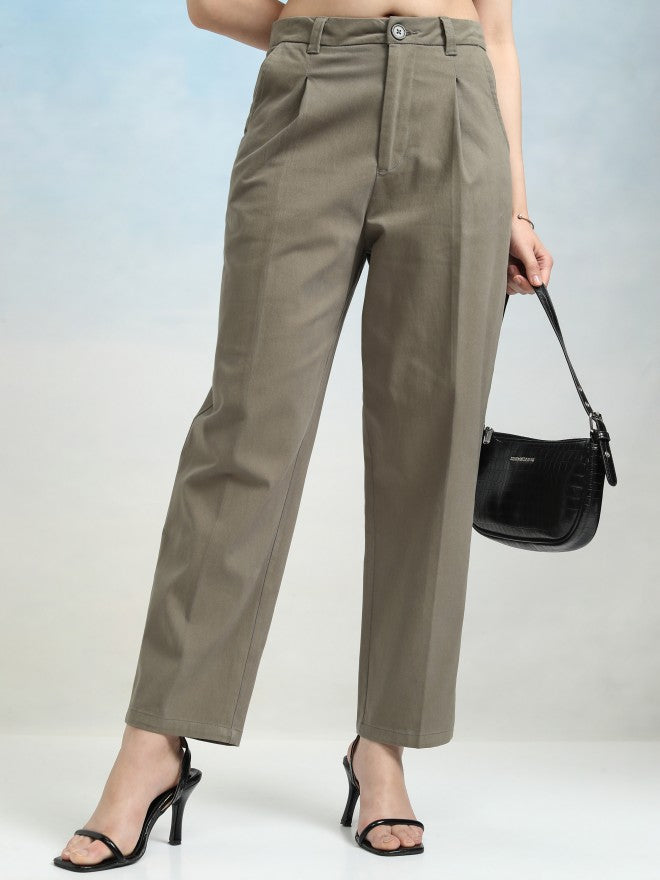Tokyo Talkies Women Olive Solid Regular Fit Casual Trouser - Olive - Image 1