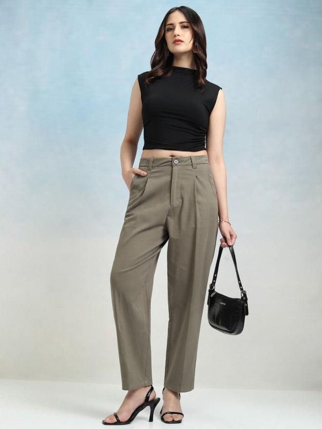Tokyo Talkies Women Olive Solid Regular Fit Casual Trouser - Olive - Image 2