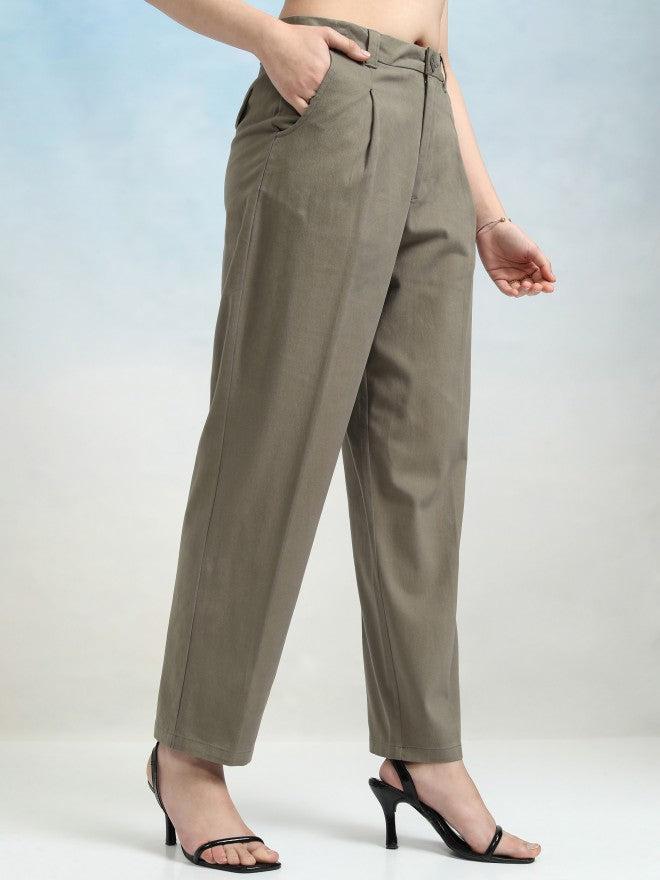 Tokyo Talkies Women Olive Solid Regular Fit Casual Trouser - Olive - Image 6
