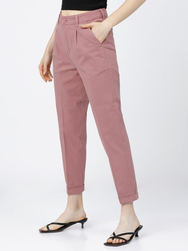 Tokyo Talkies Women Rose Solid Tapered Fit Casual Trouser - Rose - Image 1