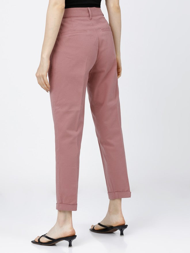 Tokyo Talkies Women Rose Solid Tapered Fit Casual Trouser - Rose - Image 2