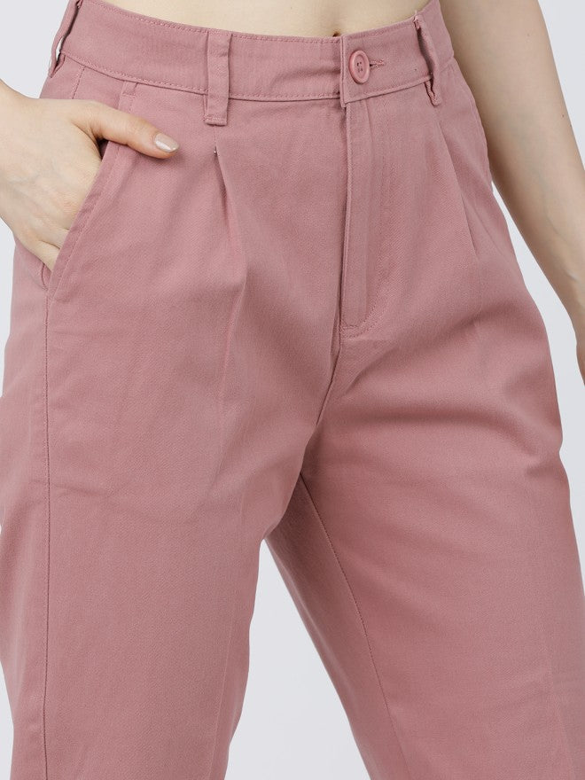 Tokyo Talkies Women Rose Solid Tapered Fit Casual Trouser - Rose - Image 3
