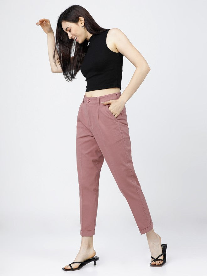 Tokyo Talkies Women Rose Solid Tapered Fit Casual Trouser - Rose - Image 4