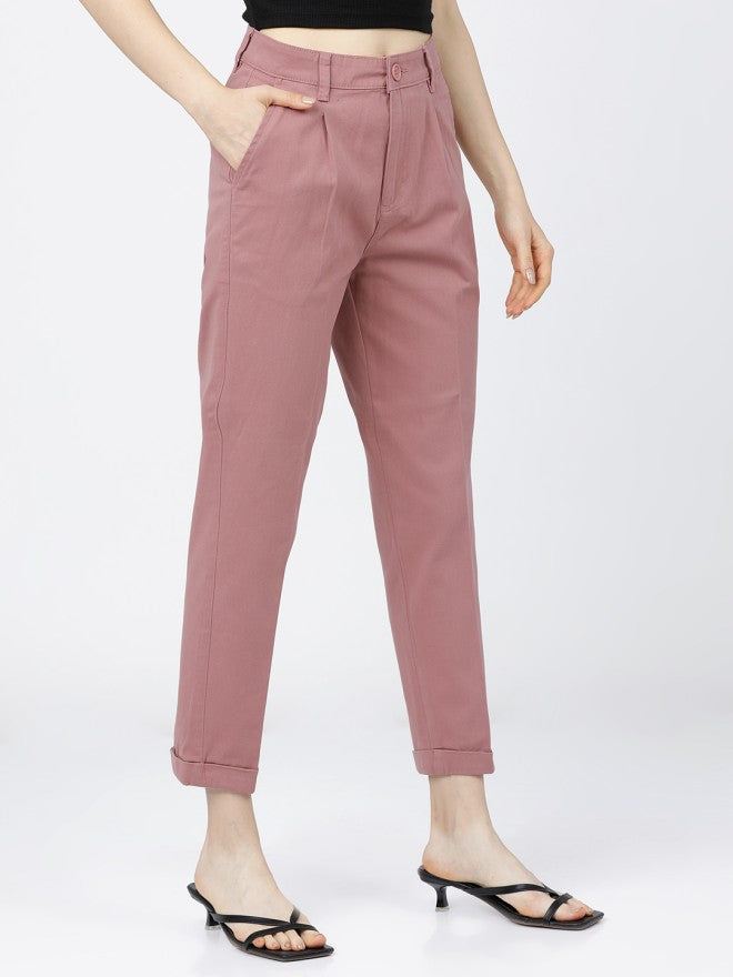 Tokyo Talkies Women Rose Solid Tapered Fit Casual Trouser - Rose - Image 5