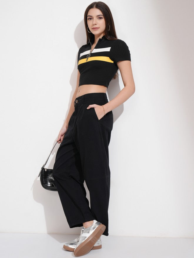 Tokyo Talkies Women Black Solid Regular Fit Casual Trouser - Black - Image 2