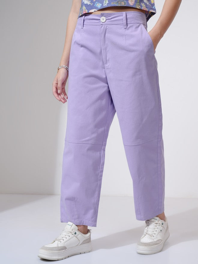 Tokyo Talkies Women Purple Solid Straight Fit Casual Trouser - Purple - Image 1
