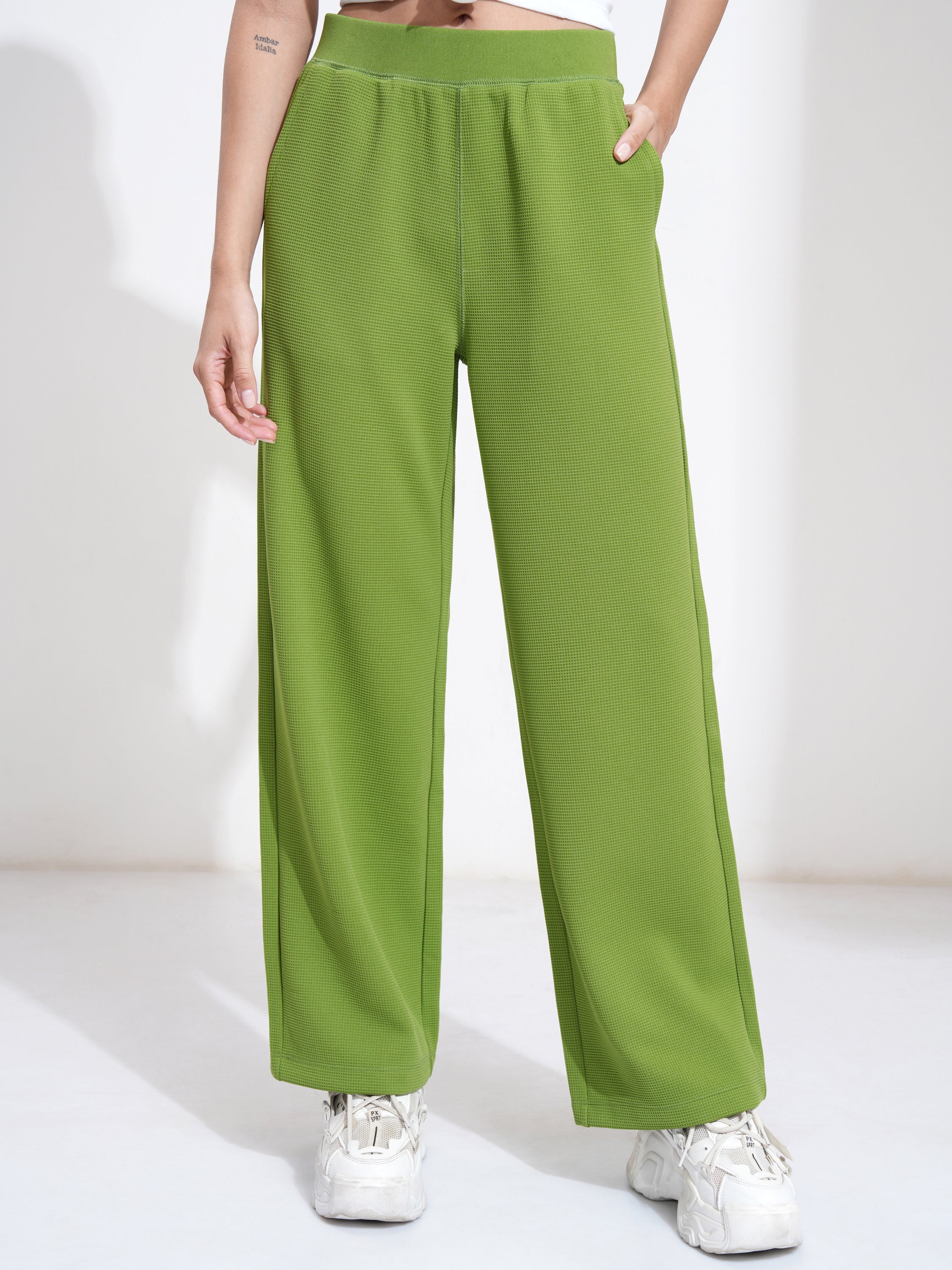 Tokyo Talkies Women Green Self Design Regular Fit Casual Trouser - Green - Image 1