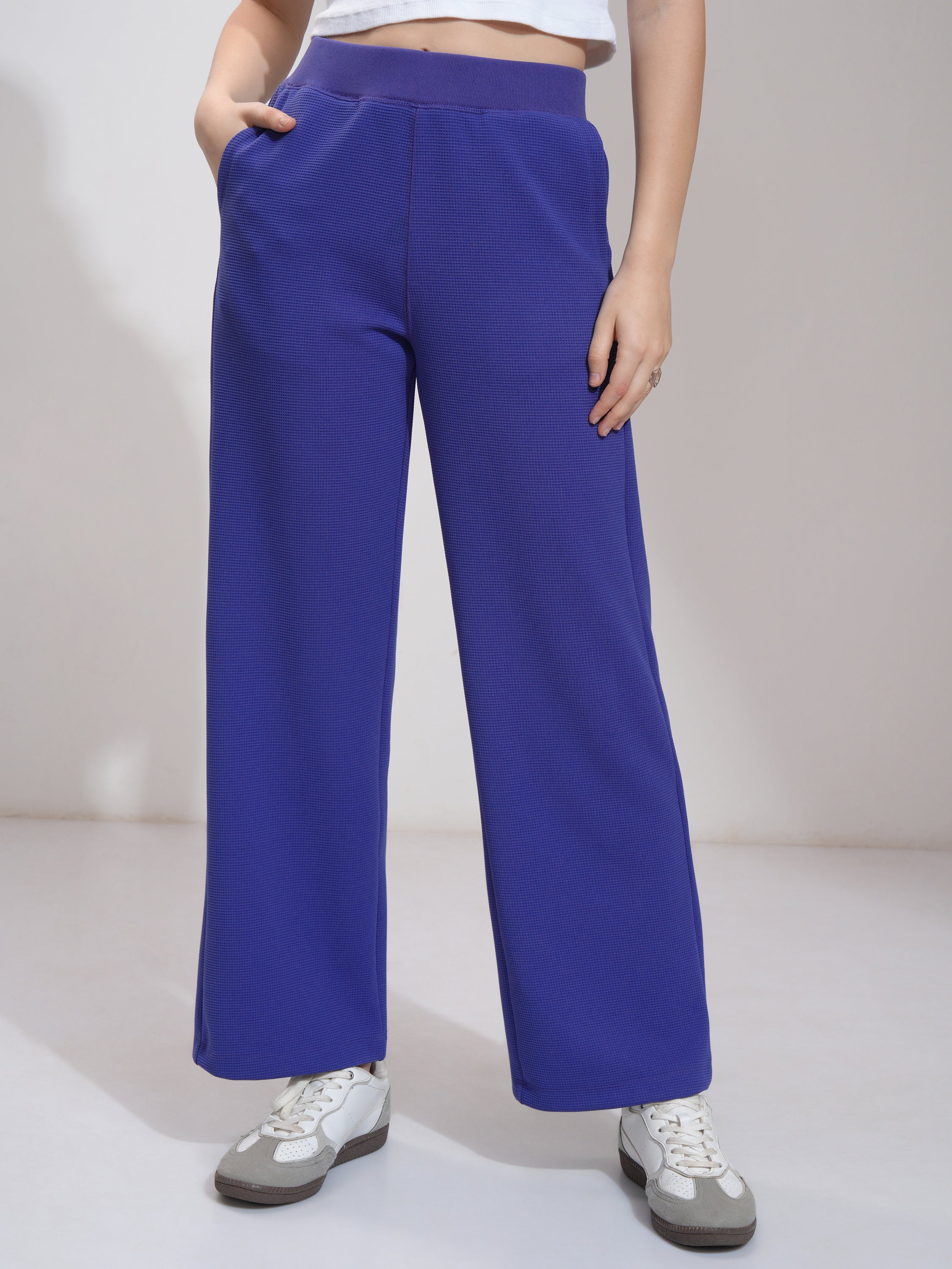 Tokyo Talkies Women Blue Self Design Straight Fit Casual Trouser - Blue - Image 1