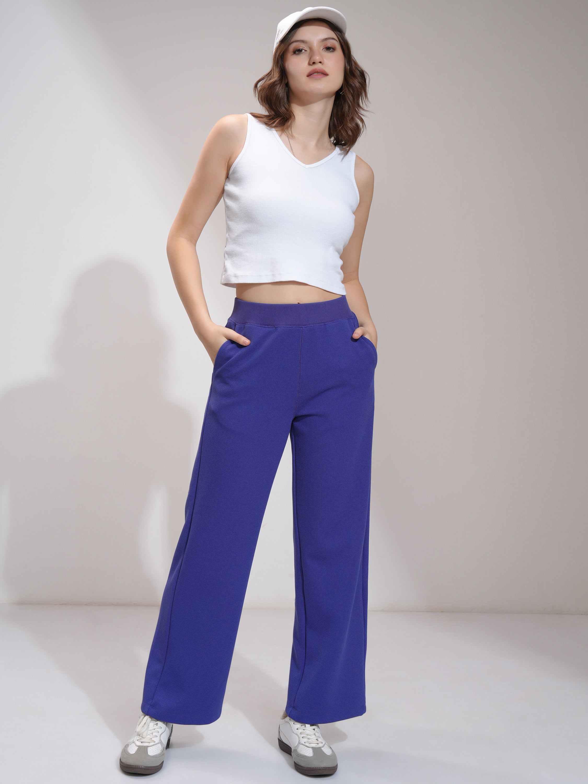 Tokyo Talkies Women Blue Self Design Straight Fit Casual Trouser - Blue - Image 2