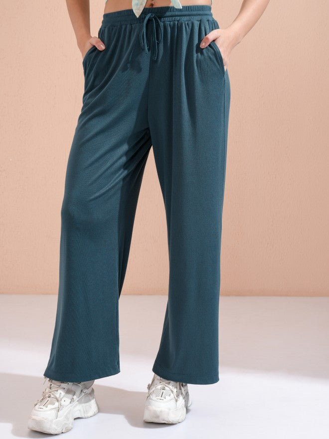 Tokyo Talkies Women Teal Solid Straight Fit Casual Trouser - Teal - Image 1