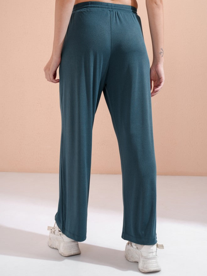 Tokyo Talkies Women Teal Solid Straight Fit Casual Trouser - Teal - Image 3