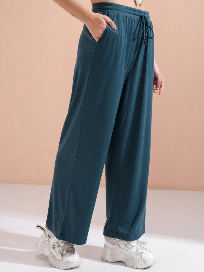 Tokyo Talkies Women Teal Solid Straight Fit Casual Trouser - Teal - Image 6