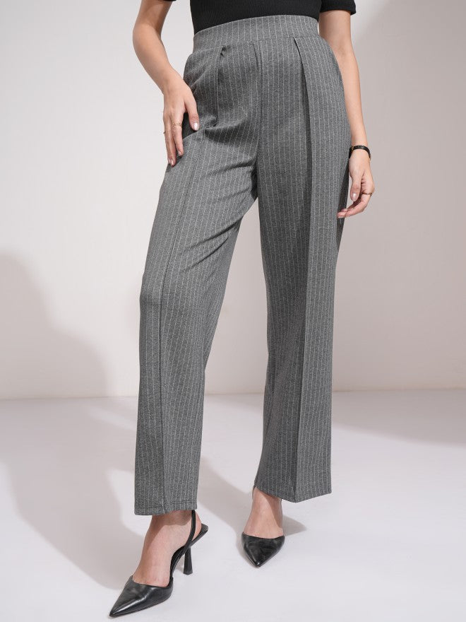 Tokyo Talkies Women Grey Striped Straight Fit Casual Trouser - Grey - Image 1