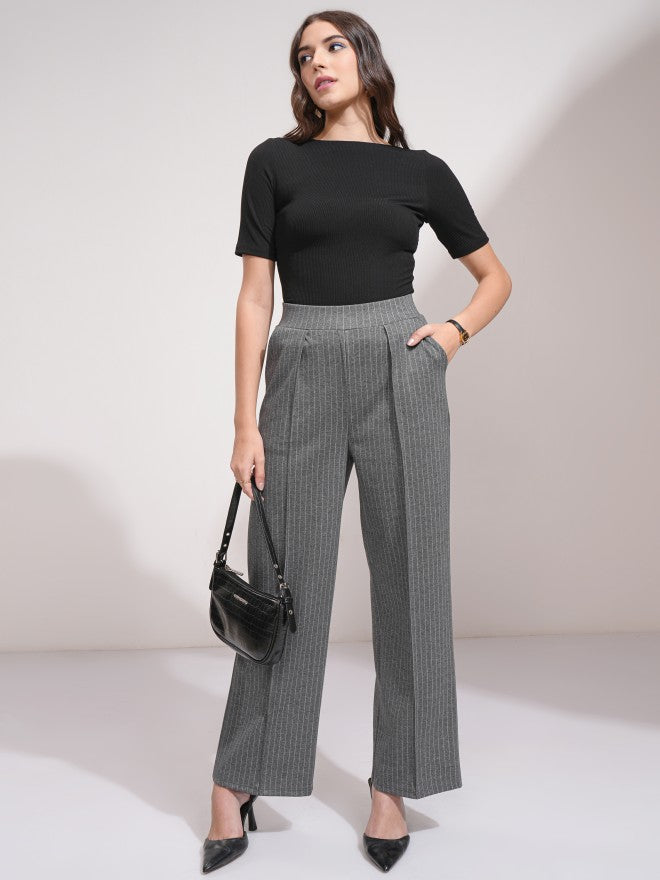 Tokyo Talkies Women Grey Striped Straight Fit Casual Trouser - Grey - Image 2