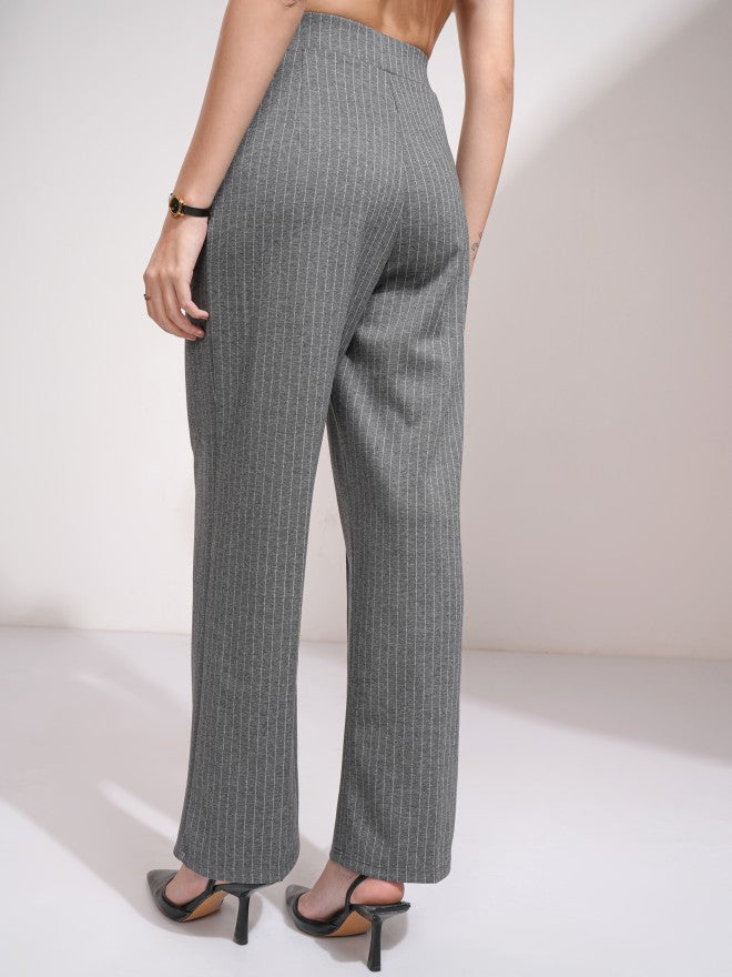 Tokyo Talkies Women Grey Striped Straight Fit Casual Trouser - Grey - Image 3