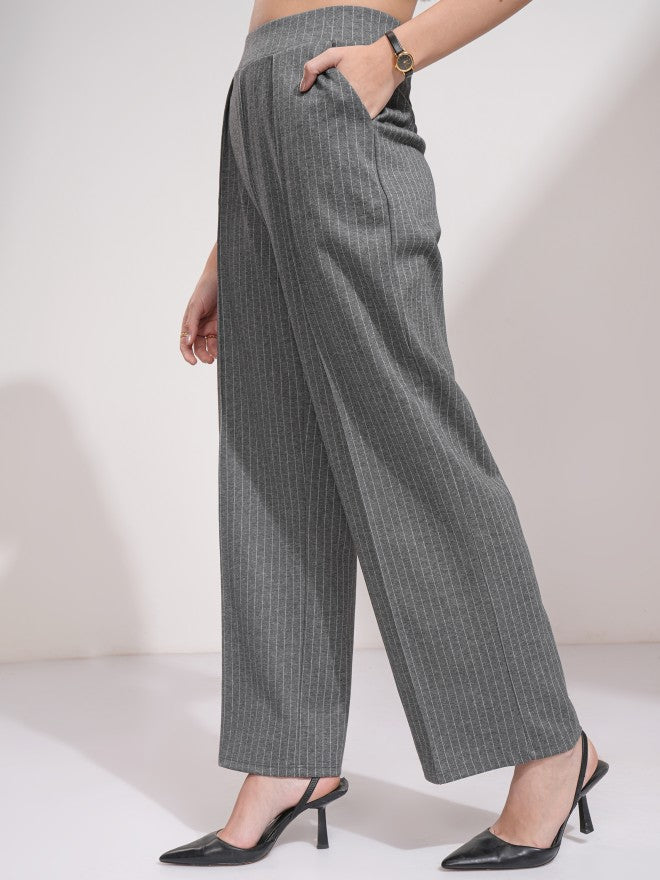 Tokyo Talkies Women Grey Striped Straight Fit Casual Trouser - Grey - Image 4