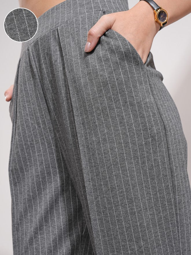 Tokyo Talkies Women Grey Striped Straight Fit Casual Trouser - Grey - Image 5
