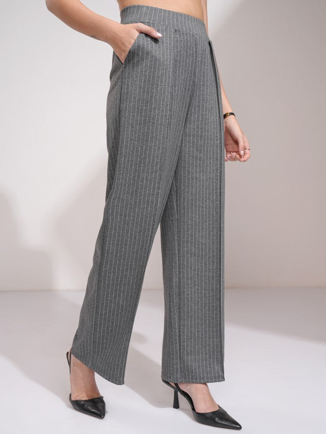 Tokyo Talkies Women Grey Striped Straight Fit Casual Trouser - Grey - Image 6