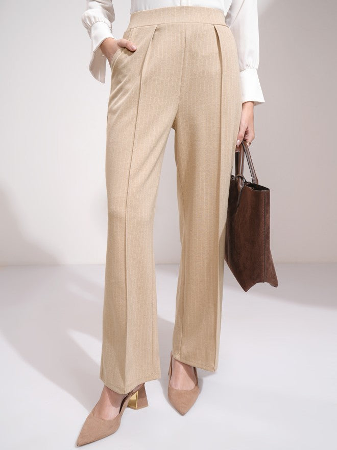 Tokyo Talkies Women Beige Striped Straight Fit Casual Trouser - Beige - Image 1
