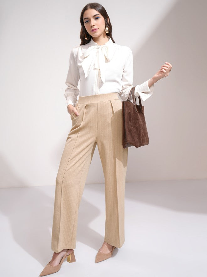 Tokyo Talkies Women Beige Striped Straight Fit Casual Trouser - Beige - Image 2