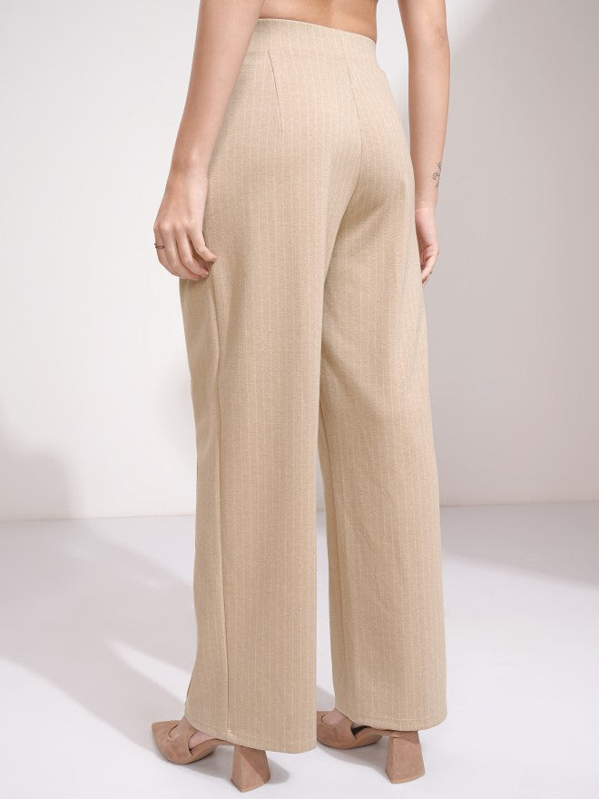 Tokyo Talkies Women Beige Striped Straight Fit Casual Trouser - Beige - Image 3