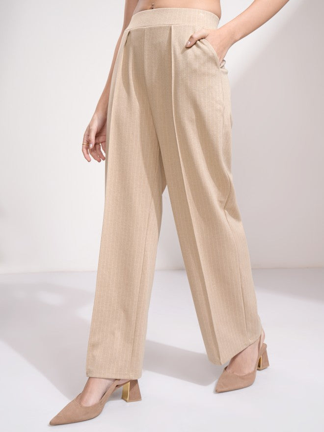 Tokyo Talkies Women Beige Striped Straight Fit Casual Trouser - Beige - Image 4