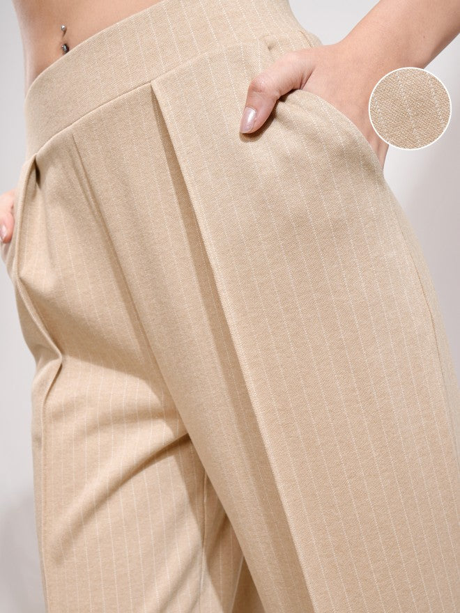 Tokyo Talkies Women Beige Striped Straight Fit Casual Trouser - Beige - Image 5