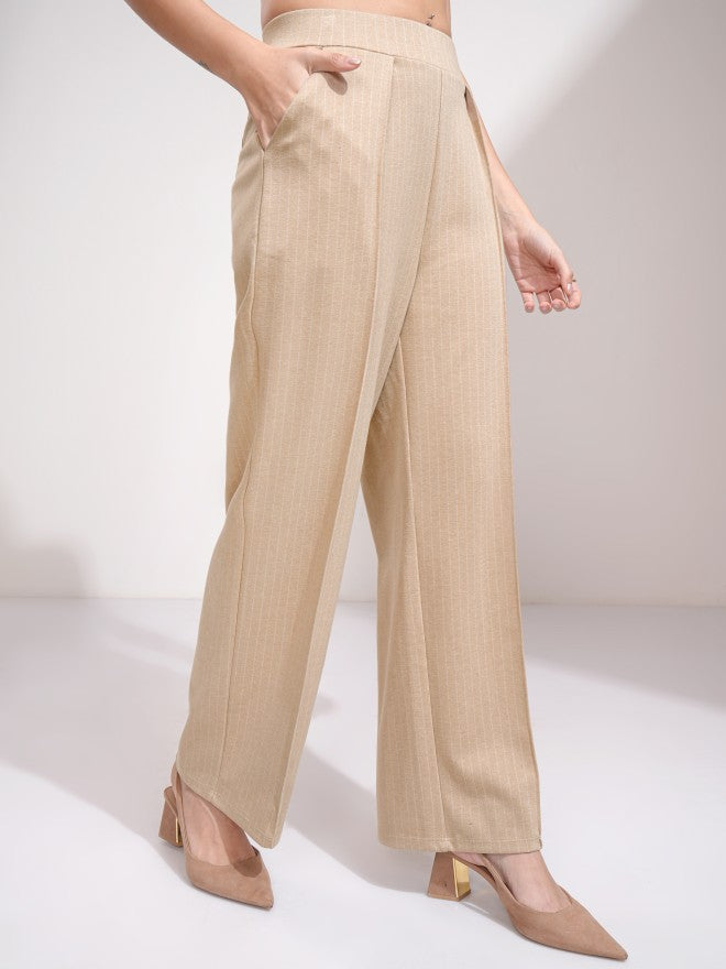 Tokyo Talkies Women Beige Striped Straight Fit Casual Trouser - Beige - Image 6
