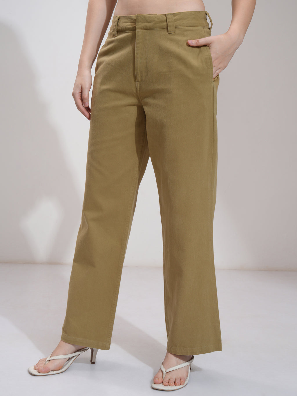 Tokyo Talkies Women Khaki Solid Flared Casual Trouser - Khaki - Image 4