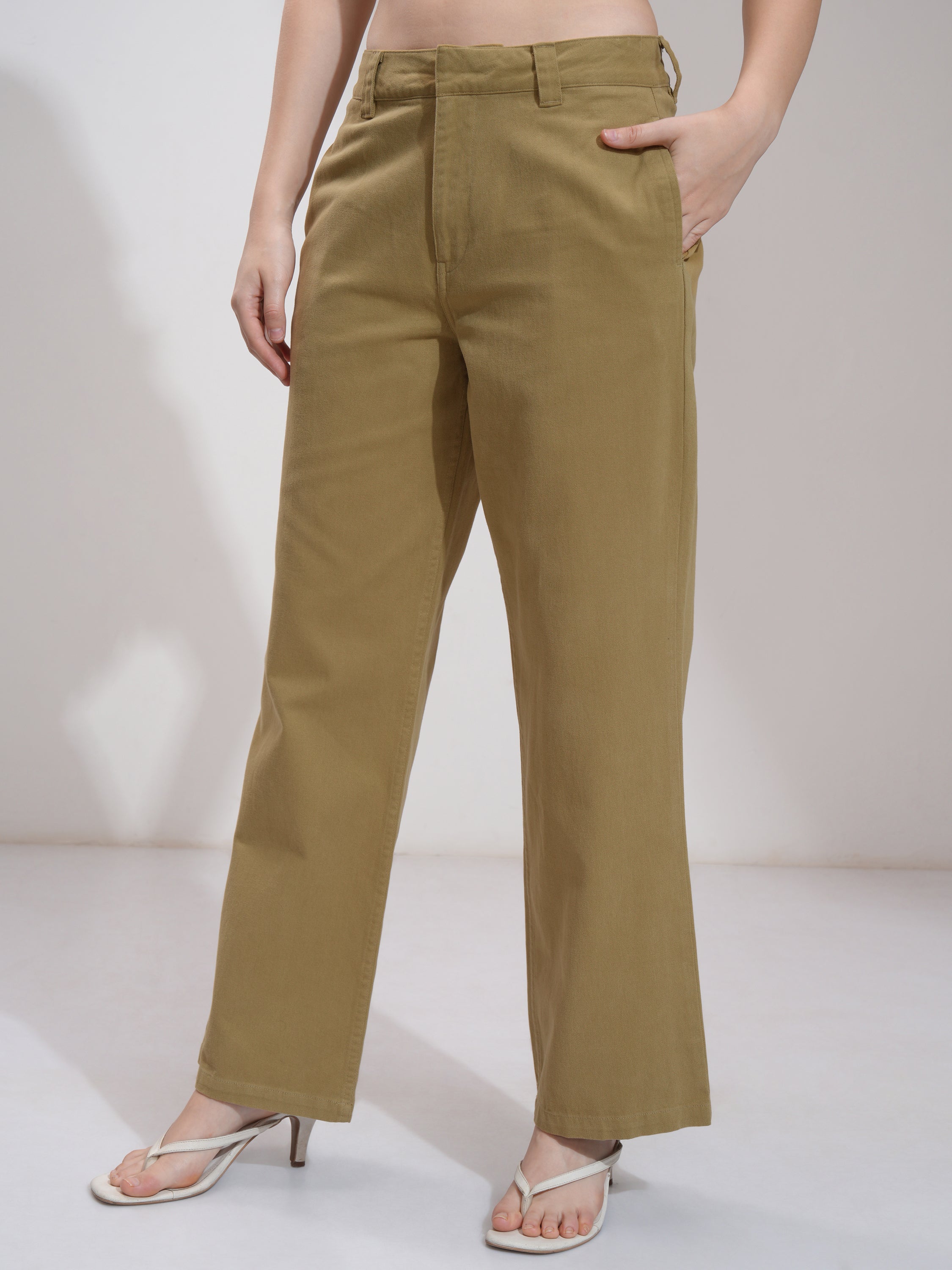 Tokyo Talkies Women Khaki Solid Flared Casual Trouser - Khaki - Image 4