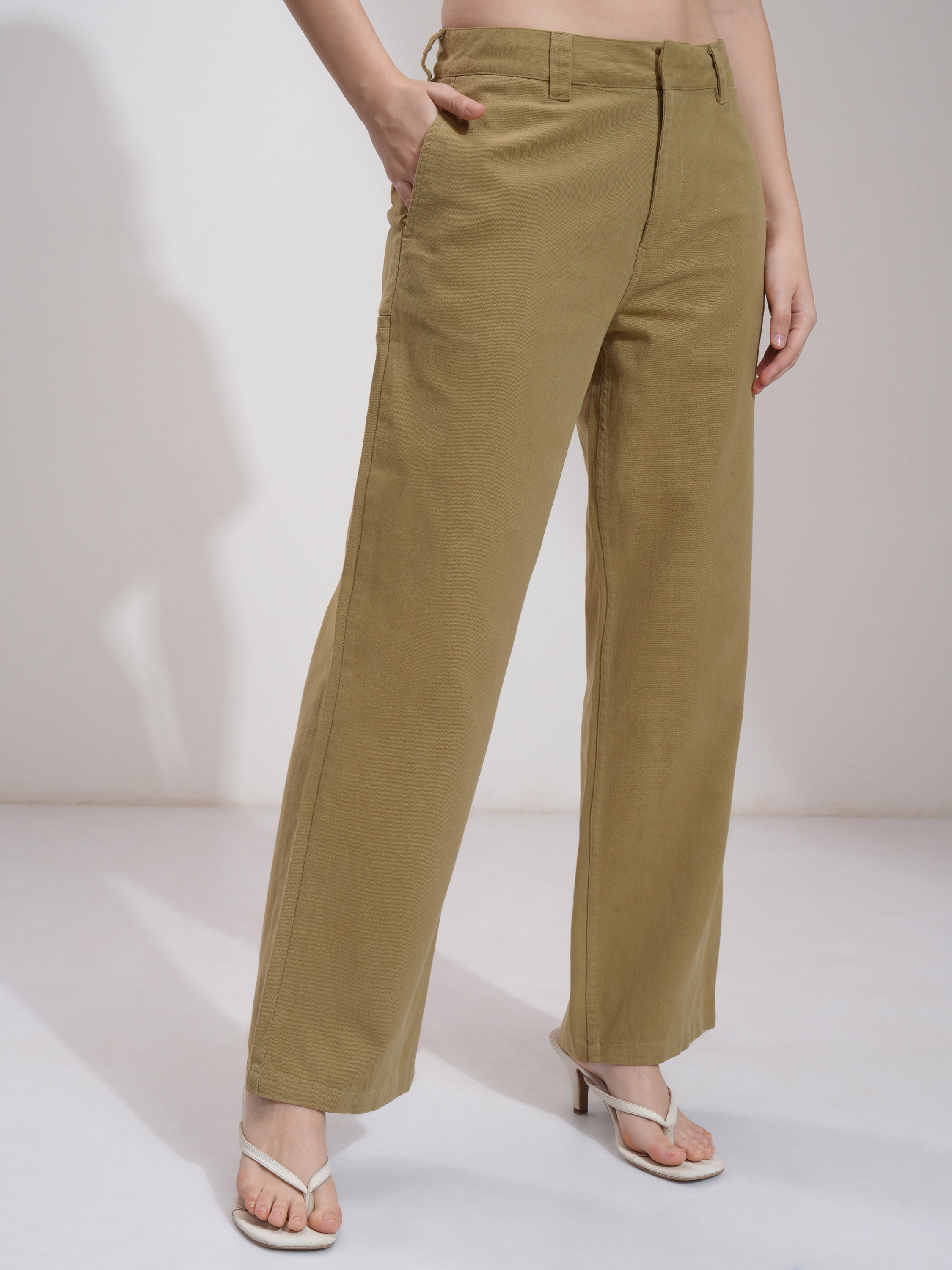 Tokyo Talkies Women Khaki Solid Flared Casual Trouser - Khaki - Image 6
