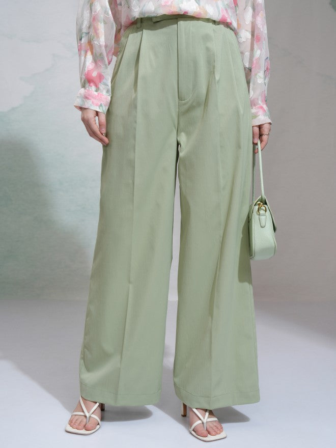 Tokyo Talkies Women Green Solid Regular Fit Casual Trouser - Green - Image 1