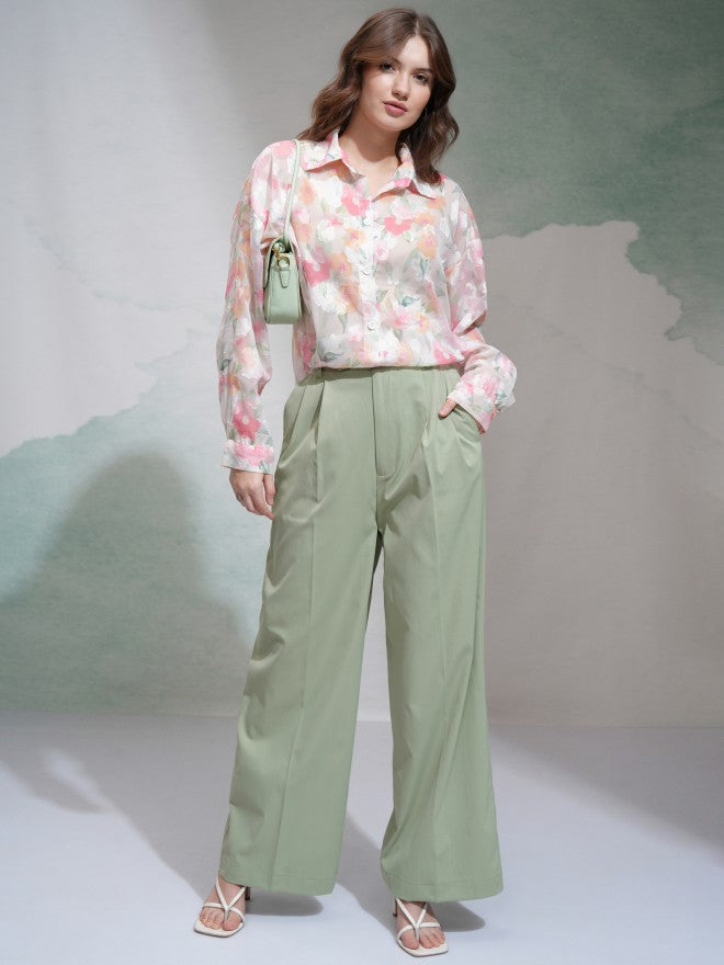 Tokyo Talkies Women Green Solid Regular Fit Casual Trouser - Green - Image 2