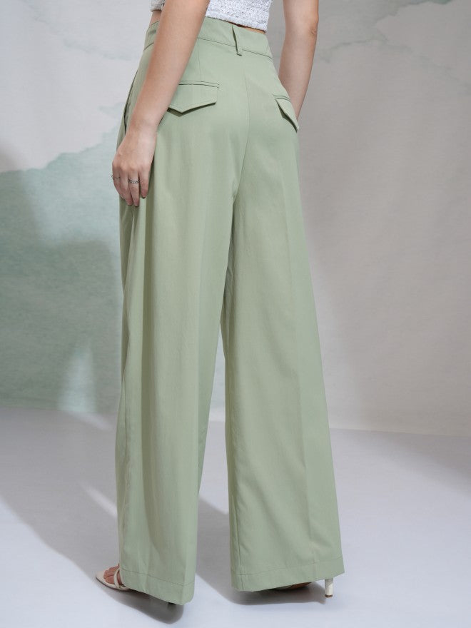 Tokyo Talkies Women Green Solid Regular Fit Casual Trouser - Green - Image 3