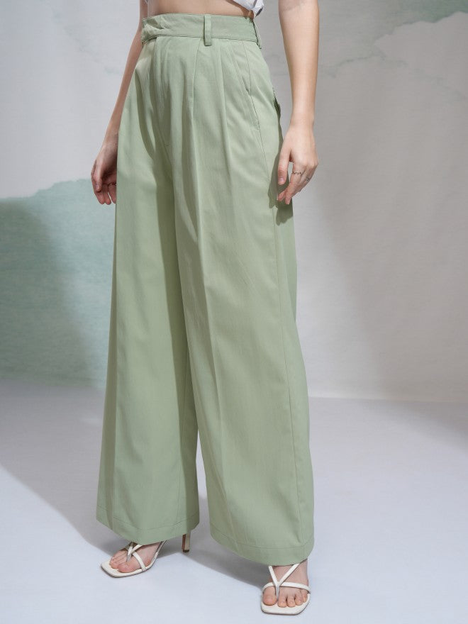 Tokyo Talkies Women Green Solid Regular Fit Casual Trouser - Green - Image 4